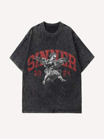 Distressed Washed Angel&Letter Graphic Print Round Neck T-shirt