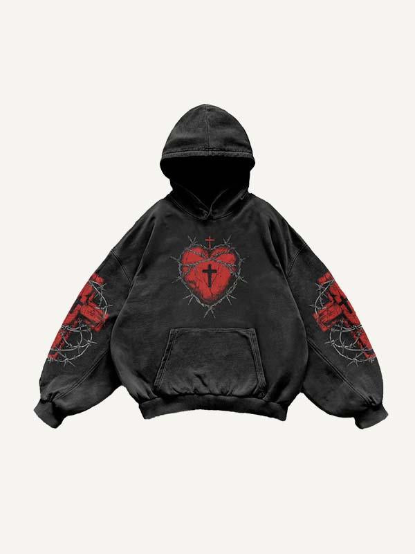 Cross&Heart Print Slant Pockets Hoodie