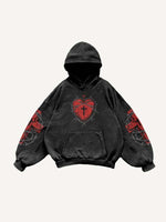 Cross&Heart Print Slant Pockets Hoodie