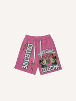 Cupid&Letter&Cross Print Drawstring Waist Shorts