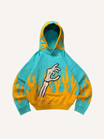 Colorblock Skull Palm&Fire Faux Decal Print Slant Pockets Hoodie