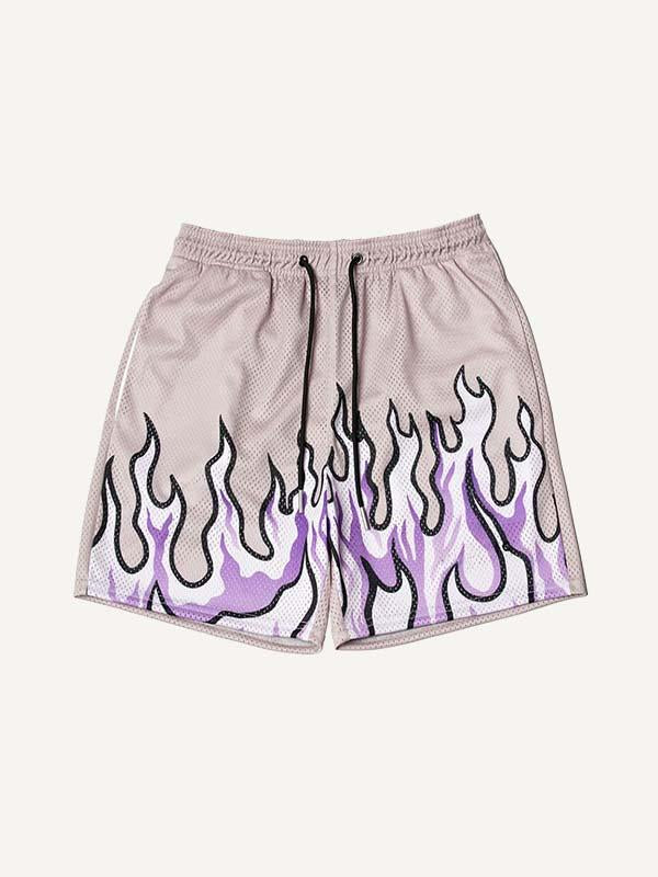 Fire Print Mesh Drawstring Waist Shorts