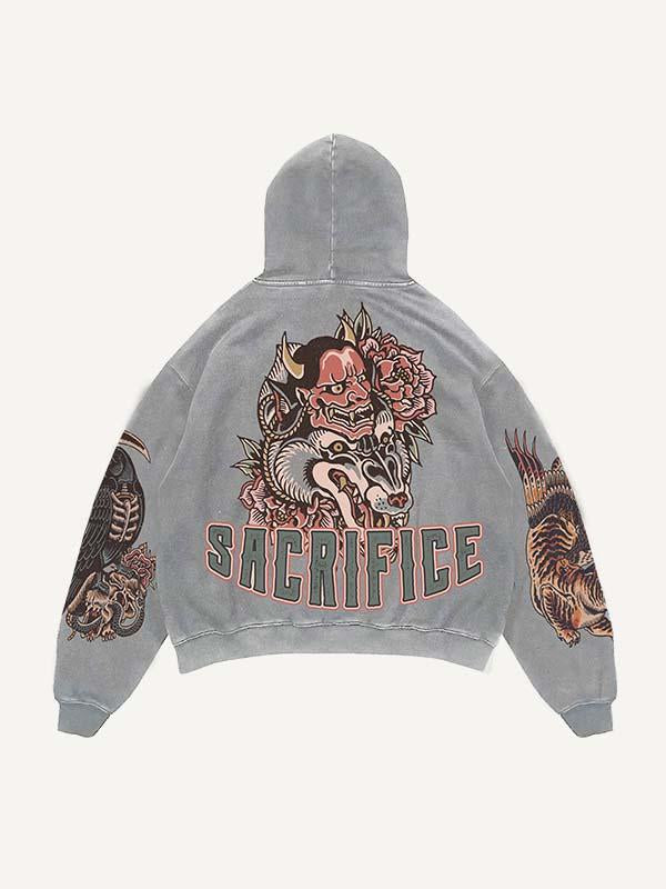 Demon&Animal&Letter Print Slant Pockets Hoodie