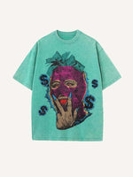 Distressed Washed Hooded Figure&Money Print Round Neck T-shirt