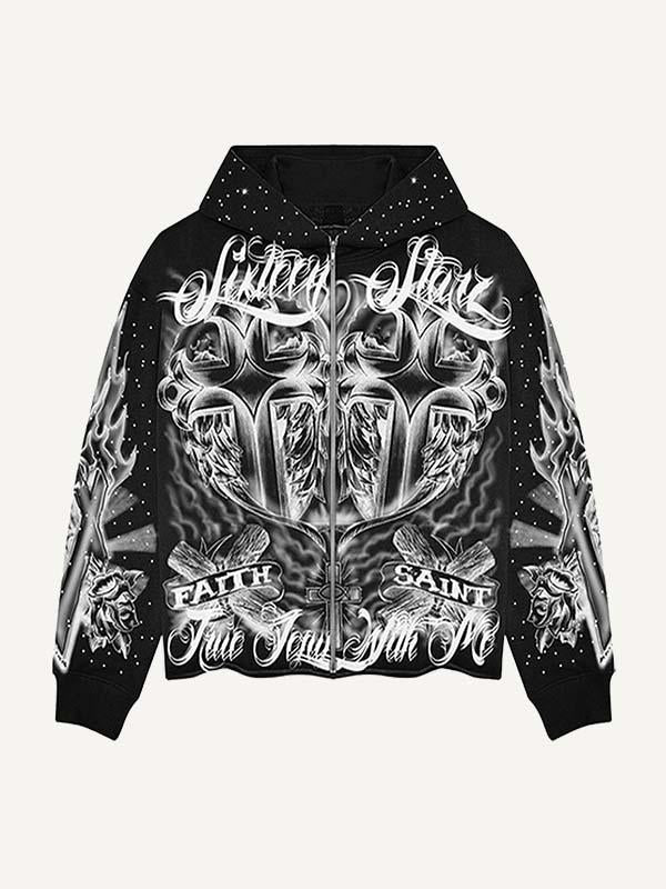 Fire Cross&Letter Print Zip Up Hooded Coat