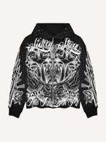 Fire Cross&Letter Print Zip Up Hooded Coat