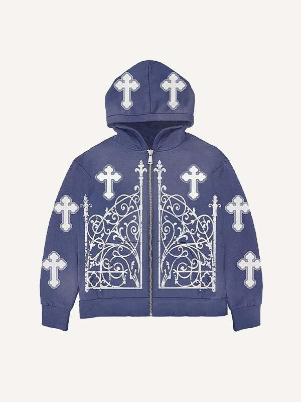 Cross&Graphic Print Zip Up Hooded Coat