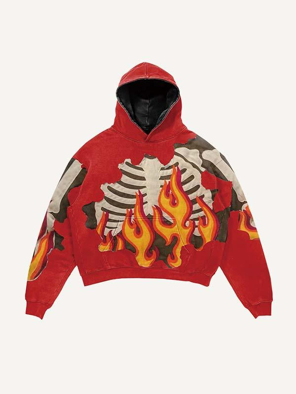 Fire&Skeleton Faux Decal Print Slant Pockets Hoodie– Modewawa