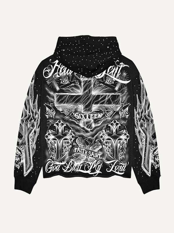 Fire Cross&Letter Print Zip Up Hooded Coat