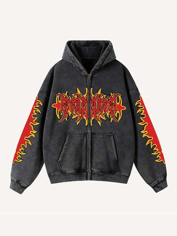 Fire&Letter Print Zip Up Slant Pockets Hooded Coat