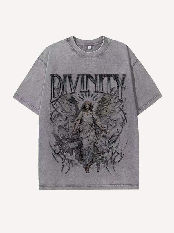 Distressed Washed Angel&Letter Print Round Neck T-shirt