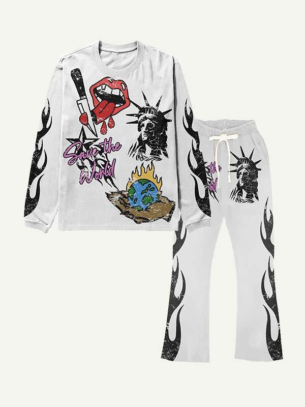 Figure&Fire&Letter&Tongue Graphic Print Elastic Waist Two-Piece Set