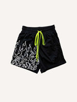 Fire Print Mesh Drawstring Waist Shorts