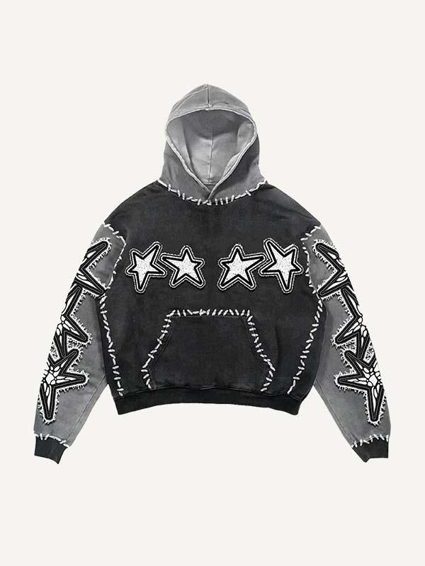 Colorblock Star&Skeleton Pray Faux Decal Print Slant Pockets Hoodie