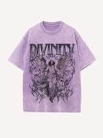 Distressed Washed Angel&Letter Print Round Neck T-shirt