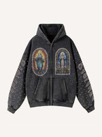 Mary&Letter&Cross Print Zip Up Slant Pockets Hooded Coat