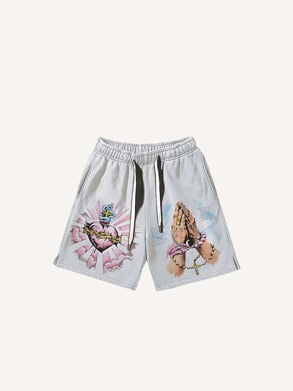Pray Letter&Heart&Palm Print Drawstring Waist Shorts
