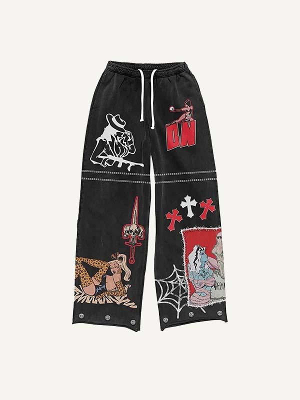 Figure&Cross&Sword&Spider Web Faux Decal Print Elastic Waist Pants