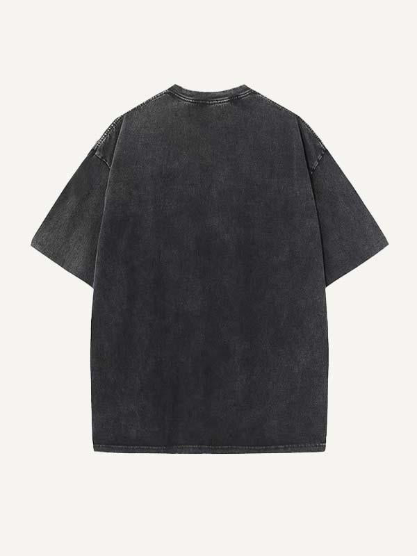 Distressed Washed Figure&Letter Print Round Neck T-shirt