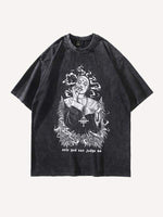 Distressed Washed Nun&Letter Graphic Print Round Neck T-shirt