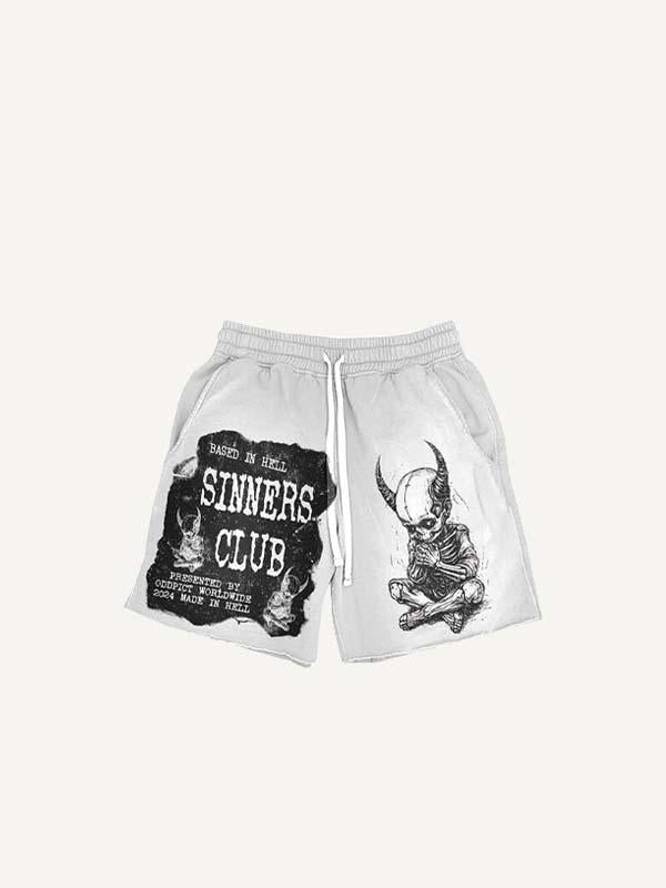 Demon Skeleton&Pray&Letter Print Drawstring Waist Shorts