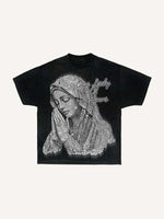 Distressed Washed Mary&Letter Pray Faux Rhinestones Print Round Neck T-shirt