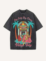 Distressed Washed Figure&Beach&Letter Print Round Neck T-shirt