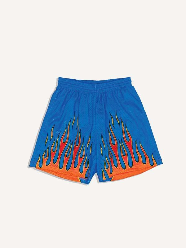 Fire Print Mesh Drawstring Waist Shorts