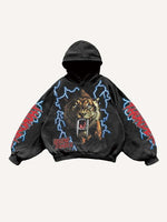 Lightning&Tiger&Letter Print Slant Pockets Hoodie