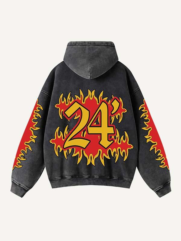 Fire&Letter Print Zip Up Slant Pockets Hooded Coat