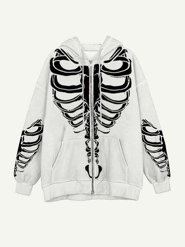 Skeleton Print Zip Up Slant Pockets Hooded Coat