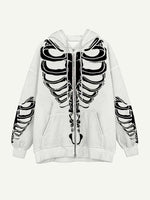 Skeleton Print Zip Up Slant Pockets Hooded Coat