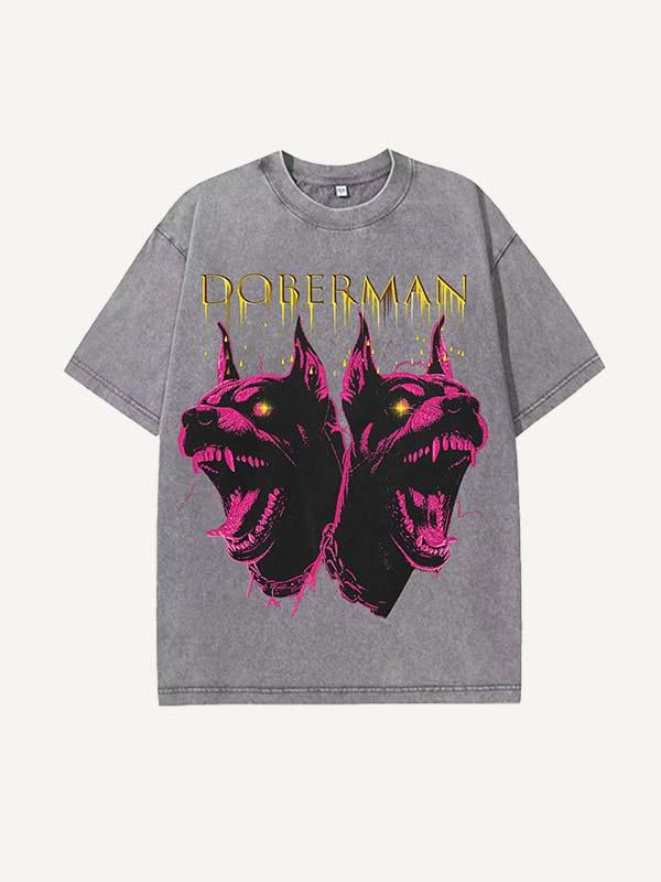 Distressed Washed Dog&Letter Print Round Neck T-shirt