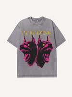 Distressed Washed Dog&Letter Print Round Neck T-shirt