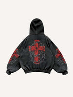 Cross&Heart Print Slant Pockets Hoodie