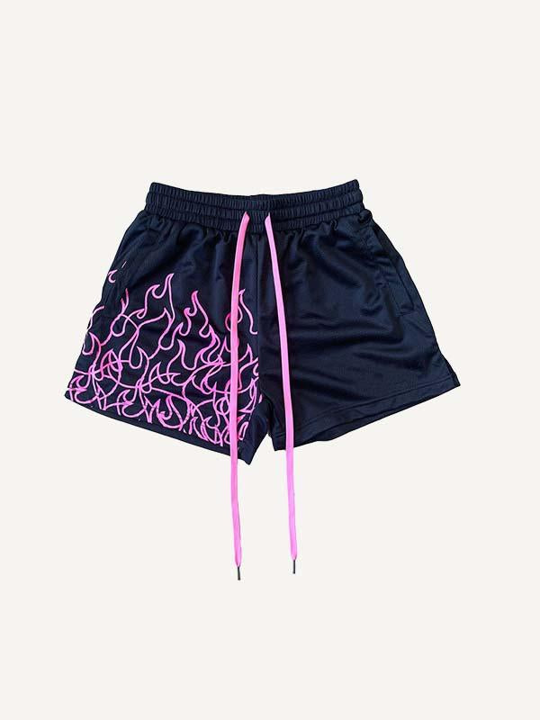 Fire Print Mesh Drawstring Waist Shorts