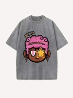 Distressed Washed Cartoon Figure Angel Graphic Print Round Neck T-shirt