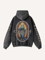 Mary&Letter&Cross Print Zip Up Slant Pockets Hooded Coat