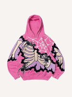 Skeleton&Spider Faux Decal Print Slant Pockets Hoodie