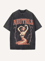 Distressed Washed Figure&Letter Print Round Neck T-shirt