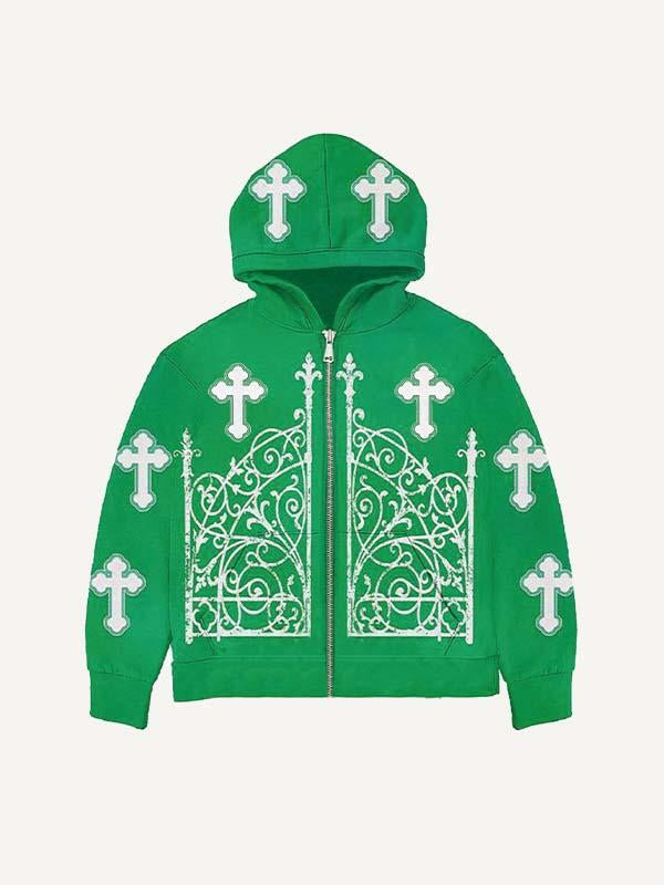 Cross&Graphic Print Zip Up Hooded Coat