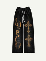 Cross&Letter Print Elastic Waist Pants