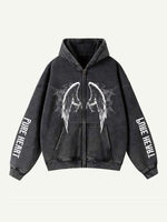 Skull&Figure&Wing&Letter Zip Up Slant Pockets Hooded Coat