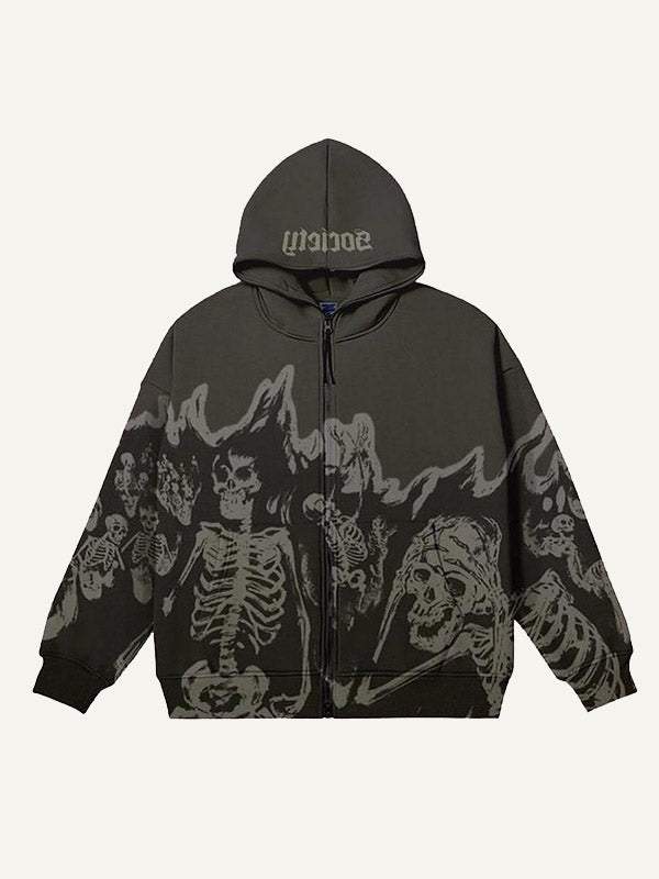 Letter&Skeleton Print Zip Up Hooded Coat