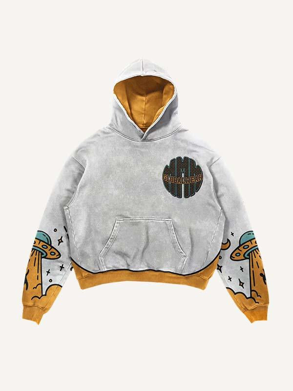 Colorblock UFO&Letter Graphic Print Slant Pockets Hoodie