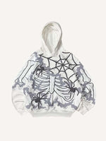 Skeleton&Spider&Web Faux Decal Print Slant Pockets Hoodie