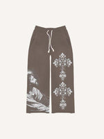 Figure&Cross&Floral Print Elastic Waist Pants
