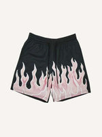 Fire Print Mesh Drawstring Waist Shorts