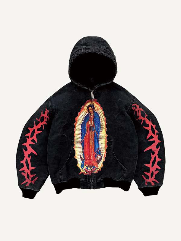 Figure&Graphic Print Zip Up Hooded Coat