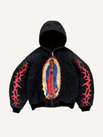 Figure&Graphic Print Zip Up Hooded Coat